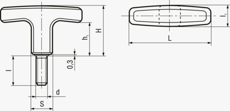 BN 14235 ELESA® L.652 p Ｔ型把手螺絲 外螺紋桿，碳鋼鍍鋅