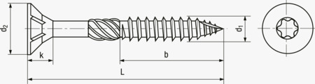 BN 20594 Undersænkhoved universal træskruer med indvendig 6-rund kærv med delgevind, fræseribber under hoved, skaftfræser og indvendig 6-rund kærv