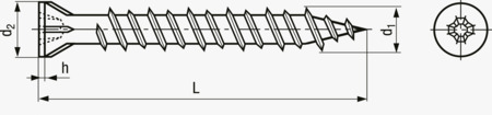 BN 20596 Tornillos de cabeza avellanada para montaje rápido de placas de yeso, rosca Hi-Lo, nervaduras bajo cabeza y con hueco cruciforme Phillips forma H