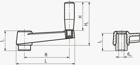 BN 14113 ELESA® MT. Crank handles with revolving handle and black-oxide steel hub through hole H7