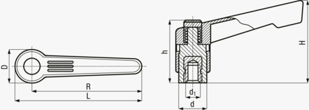 BN 2964 FASTEKS® FAL Justerbare klemmegreb metalbøsning med gevindbundhul trykknap af plast, slankt design