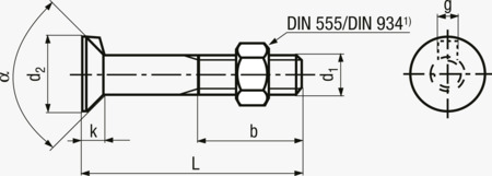 BN 279 Undersænkhoved skruer med næse og sekskantmøtrik