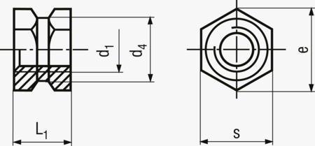 BN 964 Gewindeeinsätze zum Einlegen Form A sechskant ohne Ansatz, mit Durchgangsgewinde, für thermo- und duroplastische Kunststoffe