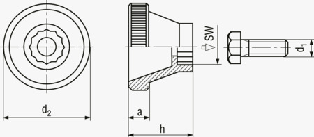 BN 5369 Ovládací kolečka s rýhovaným okrajem vysoká, pro šestihranné šrouby a matice (bez šroubů a matic)