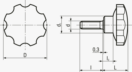 BN 14146 ELESA® VH.153 p 八瓣型旋鈕螺絲 外螺紋桿, 碳鋼鍍鋅