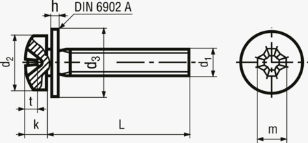 BN 1719 Śruby kombi z łbem walcowym soczewkowym z wgłębieniem krzyżowym Phillips typ H i niespadającą podkładką okrągłą DIN 6902 A