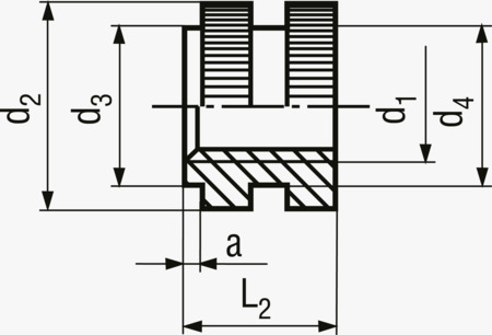 BN 1037 Inserti filettati per costampaggio forma D godronati con spallamento, con foro passante filettato, per termoplastici e termoindurenti