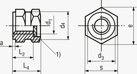 BN 1039 Inserti filettati per costampaggio forma G esagonali con spallamento, con foro cieco filettato, per termoplastici e duroplastici