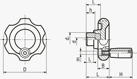 BN 14152 ELESA® VL.140+I Lobe knobs with revolving handle, black-oxide steel hub and pre-drilled blind hole