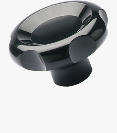 BN 14153 ELESA® VL.155 六瓣旋鈕帽 金屬崁入孔 染黑 碳鋼襯套, 盲孔無螺紋