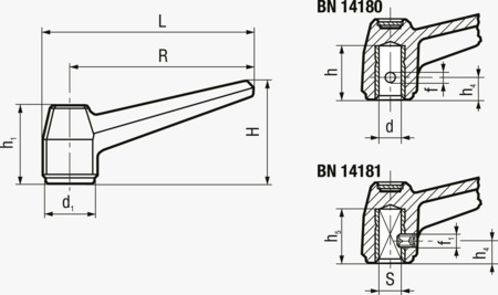 BN 14181 ELESA® MF.N Poignées à levier avec douille en laiton avec trou carré H9
