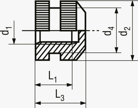 BN 1044 Inserti filettati per costampaggio forma Q godronati senza spallamento, con foro cieco filettato, per termoplastici e duroplastici