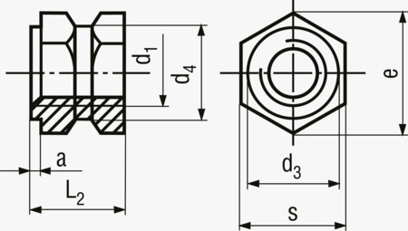 BN 1035 Gewindeeinsätze zum Einlegen Form C sechskant mit Ansatz, mit Durchgangsgewinde, für thermo- und duroplastische Kunststoffe