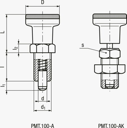 BN 21227 ELESA® PMT.100-A/AK Positioneringsbolte med sekskantet krave, uden hold stift i hærdet stål, sortoxyderet