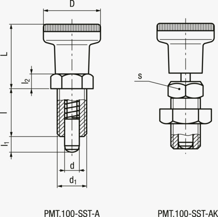 BN 21228 ELESA® PMT.100-SST-A/AK Pružinové pístky se šestihranným nákružkem bez zajištění čep nerezová ocel