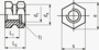 BN 1038 Inserti filettati per costampaggio forma E esagonali senza spallamento, con foro cieco filettato, per termoplastici e termoindurenti