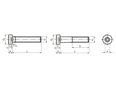 Dibujo técnico con dimensiones de Tornillos de cabeza cilíndrica con hueco hexagonal cabeza baja y centrador, parcial / totalmente roscados