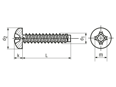 Technical drawing with dimensions of Phillips pan head tapping screws form H, with flat end type F