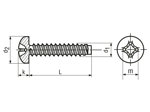 Dessin technique avec dimensions de Vis à tôle à tête cylindrique bombée avec empreinte cruciforme Phillips forme H et à bout plat forme F