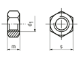 치수가 포함된 기술 도면: Hex nuts ~0,8d with UNC thread