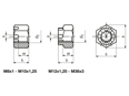 Dibujo técnico con dimensiones de Tuercas hexagonales almenadas con rosca fina métrica