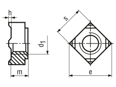 Technical drawing with dimensions of Square weld nuts