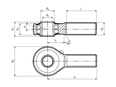 Disegno tecnico con quote di Durbal BRM - Teste a snodo ad alto rendimento con cuscinetto a sfera integrato, gambo filettato fillettatura sinistrorsa