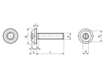 Technical drawing with dimensions of ecosyn® grip SF - Hexalobular (6 Lobe) socket pan head screws with serrated flange, fully threaded