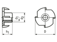 Technical drawing with dimensions of Drive-in tee nuts for wood and plastics