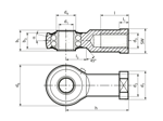 Disegno tecnico con quote di Durbal BRF - Teste a snodo ad alto rendimento con cuscinetto a sfera integrato, foro filettato filettatura destrorsa