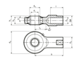Disegno tecnico con quote di Durbal PF - Teste a snodo ad alto rendimento con cuscinetto a sfera integrato, esecuzione corta, foro filettato filettatura destrorsa