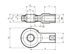 Disegno tecnico con quote di Durbal PF - Teste a snodo ad alto rendimento con cuscinetto a sfera integrato, esecuzione corta, foro filettato filettatura destrorsa