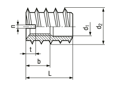 Dibujo técnico con dimensiones de Rampa® A - Insertos roscados autorroscantes sin cabeza, con ranura, con rebaje para virutas, para madera blanda