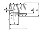 Technical drawing with dimensions of Rampa® A - Self-cutting thread inserts without head, with slot, with recess for chips, for softwood