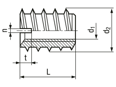 Teknisk ritning med mått av Rampa® B - Self-cutting thread inserts without head, with slot, with continuous internal thread, for softwood