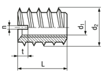 Technical drawing with dimensions of Rampa® B - Self-cutting thread inserts without head, with slot, with continuous internal thread, for softwood