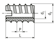 Dibujo técnico con dimensiones de Ensat® SH 309 - Insertos roscados autorroscantes con ranura, para madera, plásticos blandos y materiales compuestos
