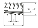 Technical drawing with dimensions of Ensat® SH 309 - Self-cutting thread inserts with cutting slot, for wood, soft plastics and composite materials