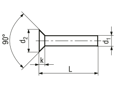 Technical drawing with dimensions of Flat countersunk head rivets 90°