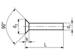 치수가 포함된 기술 도면: Flat countersunk head rivets 90°