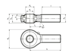 Disegno tecnico con quote di Durbal BRTM - Teste a snodo ad alto rendimento con cuscinetto a rullini integrato, gambo filettato filettatura destrorsa