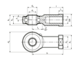 Disegno tecnico con quote di Durbal BRTF - Teste a snodo ad alto rendimento con cuscinetto a rullini integrato, foro filettato filettatura destrorsa