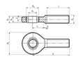 Disegno tecnico con quote di Durbal EM - Teste a snodo ad alto rendimento con cuscinetto radente integrato, gambo filettato filettatura destrorsa