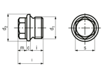 Dibujo técnico con dimensiones de Tapones roscados de cabeza hexagonal con collar y rosca gas
