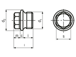 Dibujo técnico con dimensiones de Tapones roscados con cabeza hexagonal valona, sin junta y con rosca gas