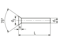 Technical drawing with dimensions of Flat countersunk head rivets 75°