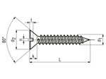 Technische Zeichnung mit Maßen von Senk-Blechschrauben mit Schlitz und Spitze Form C