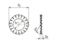 Technical drawing with dimensions of Serrated lock washers type A, external serrations
