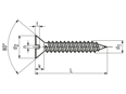Technische Zeichnung mit Maßen von Senk-Blechschrauben mit Schlitz und Spitze Form C