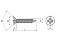 Technische Zeichnung mit Maßen von Senk-Blechschrauben mit Kreuzschlitz Phillips Form H und Spitze Form C